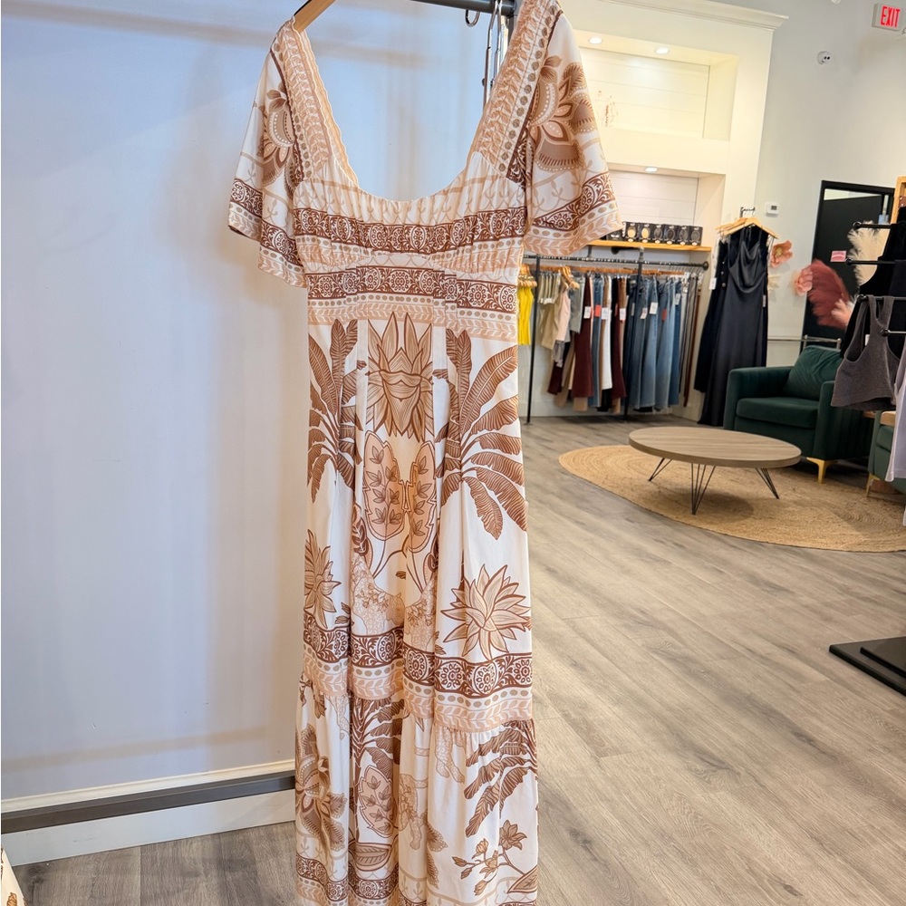 Boho Floral Maxi Dress - Cream & Brown